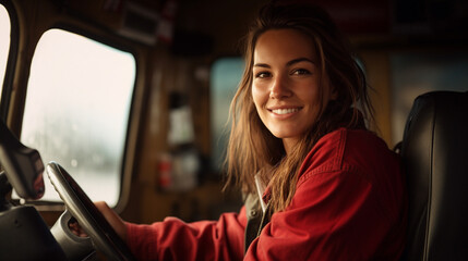 Happy young woman truck driver sitting in truck and looking at camera with smile, People working with transportation, Truck driver occupation, Truck cabin with hands on steering wheel, AI Generated