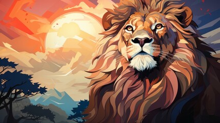 Poster - An anime-style cartoon painting of a majestic lion basking in the warm glow of a breathtaking sunset illustrates the beauty and wildness of the animal kingdom