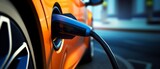Fototapeta  - Electric vehicle charging plug connected to a car. Generative AI