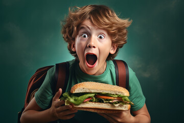 Surprised or scared boy or schoolboy holding a large backpack sandwich against a beautiful green background. generative ai
