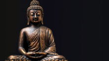 Buddha Golden, Brass Statue On A Black Background. Meditation And Zen Concept. Banner. Copy Space
