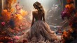 © Envision - A stunning woman in a vibrant reef-inspired dress stands out amongst a field of delicate flowers, her bold fashion statement radiating confidence and style