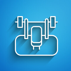 Sticker - White line Bench with barbel icon isolated on blue background. Gym equipment. Bodybuilding, powerlifting, fitness concept. Long shadow. Vector