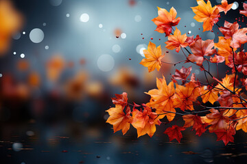 Wall Mural - Autumn leaves and sunlight background with copy space for text: Red and yellow maple leaves with soft focus light and bokeh background.