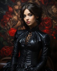 Wall Mural - A mysterious woman with a daring fashion sense stands confidently in an indoor setting, her leather and latex dress commanding attention and her gothic aura commanding respect