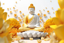 Buddha Figurine Among Yellow Lotus Flowers In A Modern 3d Style On A White Background. Concept Peace And Balance, Creating A Zen-like Ambiance
