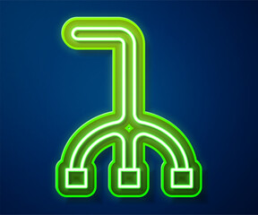 Sticker - Glowing neon line Walking stick cane icon isolated on blue background. Vector