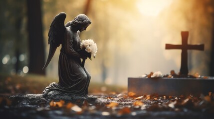 Angel monument at the tombstone of the grave. Cemetery, architecture