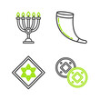 © Oksana - Set line Jewish coin, Star of David, Traditional ram horn, shofar and Hanukkah menorah icon. Vector