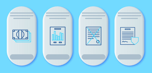 Sticker - Set line Document with graph chart, Delete file document, Stacks paper money cash and Contract shield icon. Vector