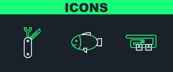 Sticker - Set line Diving belt, Swiss army knife and Fish icon. Vector