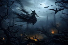 Flying Witch And Bats In A Dark Forrest At Night