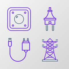 Sticker - Set line High voltage power pole line, Charger, Electric plug and light switch icon. Vector