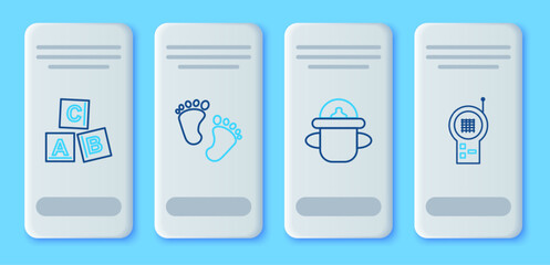 Wall Mural - Set line Baby footprints, bottle, ABC blocks and Monitor Walkie Talkie icon. Vector