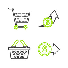 Sticker - Set line Coin money with dollar symbol, Shopping basket, Financial growth and coin and cart icon. Vector