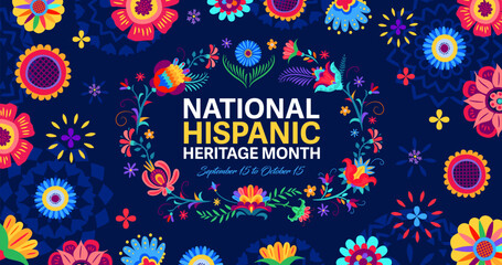 national hispanic heritage month banner with flowers pattern ornament, vector background. latin amer