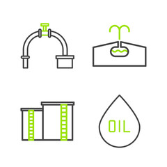 Poster - Set line Oil drop, industrial factory building, Oilfield and Industry pipe and valve icon. Vector