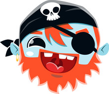 Cartoon Halloween Pirate Emoji Character. Isolated Vector Rover Sailor Emoticon With Red Beard, Eyepatch, Spooky Grin, And Bandana With Jolly Roger Skull. Funny Jouyful Emotion For Chats And Messages
