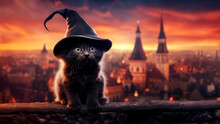A Cute Black Kitten In A Witch's Hat Sits On The Roof Of The House Next To Candles At Night Against The Backdrop Of The Panorama Of The Old City. Halloween.