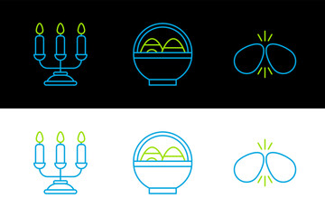 Poster - Set line Easter eggs, Candelabrum with candlesticks and Basket easter icon. Vector