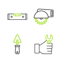 Sticker - Set line Wrench spanner, Trowel, Electric circular saw and Construction bubble level icon. Vector