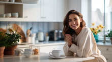 Beautiful Woman Smiling With A Cup Of Coffee In The Kitchen Of Her Home