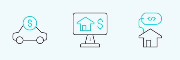 Sticker - Set line House with dollar, Car rental and Online real estate icon. Vector