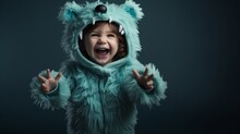 Cute Baby Boy In Halloween Monster Costume With Fun Expression On Face Isolated On Dark Background, With Copy Space.