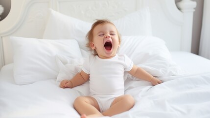 Cute baby sleeping and yawning on white sheets, with copy space.