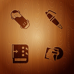 Poster - Set Vinyl disk, Skateboard trick, Sound mixer controller and Fountain pen nib on wooden background. Vector