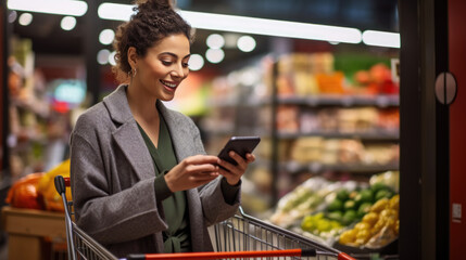 Smiling young woman with smart phone grocery shopping in supermarket