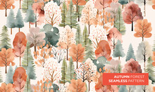 Cute Watercolor Drawing With Autumn Trees, Autumn Forest Seamless Pattern In Soft Colors. Autumn Trendy Art Background For Season Decoration, Greetings, Ads, Fabric Textile And Packaging