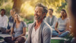 © JKLoma - portrait of Mature Men with blurred group people In Class At Outdoor doing Yoga Retreat.generative ai