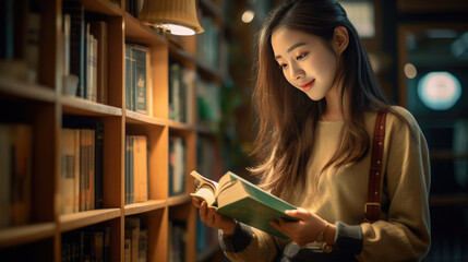 Wall Mural - Female student standing in front of book shelves in college library and reading book