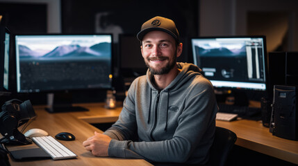 Cheerful programmer man working with computers in office.