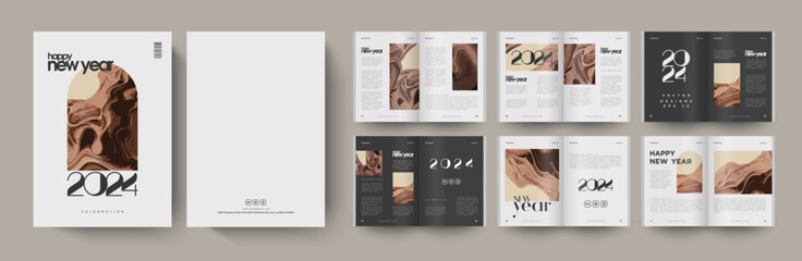 Magazine design for the new year 2024. With an elegant design with gold and gray solid colors and also black.