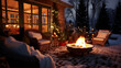 winter evening on the patio of beautiful suburban house with lights and a cozy fire in the garden