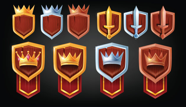 3D game badge shield set, vector level up UI medieval rank sword, golden silver bronze knight crown. Achievement RPG fantasy award kit, rating progress winner reward icon. Wooden game badge iron prize