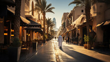 Arabian Street In Dubai's Downtown Bathed In Sunset Hues
