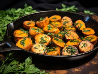 Wall Mural - roasted sweet potatoes, positioned beautifully on a griddle pan with fresh, green parsley leaves scattered over the top