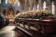 funeral and mourning concept - wooden coffin in christian orthodox church