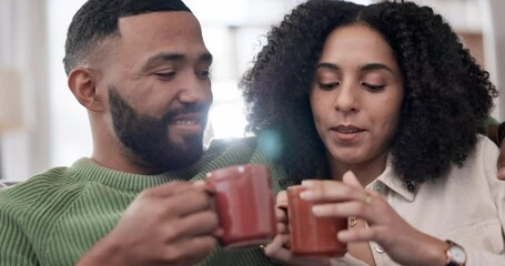 Poster - Relax, hug and couple on a sofa with coffee, conversation and happy while enjoying a break in their home. Love, embrace and man with woman in a living room with tea, speaking and bonding in a house