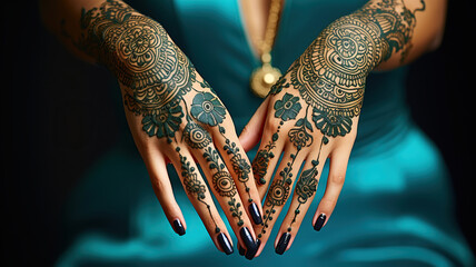 Wall Mural - Hand with perfect turquoise manicure and national Indian jewels. Hands of Indian bride girl with black henna tattoos