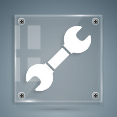 Wall Mural - White Wrench spanner icon isolated on grey background. Spanner repair tool. Service tool symbol. Square glass panels. Vector