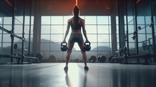 A Girl In Shorts Is Doing A Workout With An Iron Kettlebell. A Sporty Woman With Dark Hair Is Squatting With A Kettlebell In A Gym. Generative AI
