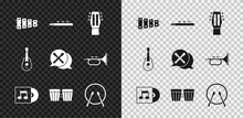 Set Xylophone, Drum And Drum Sticks, Guitar, Vinyl Disk, And Icon. Vector
