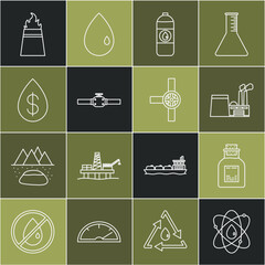 Wall Mural - Set line Atom, Oil petrol test tube, industrial factory building, Canister for motor machine oil, Industry pipes and valve, drop with dollar, rig fire and icon. Vector