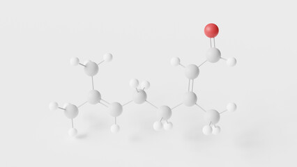 Sticker - citral molecule 3d, molecular structure, ball and stick model, structural chemical formula acyclic monoterpene aldehyde