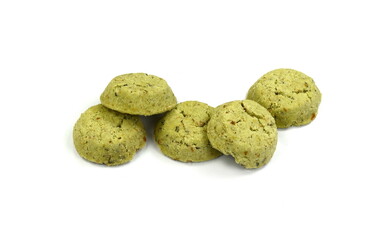 Wall Mural - Green Mint chip cookies on white background. Biscuits with whole-wheat (wholemeal) flour with mint.