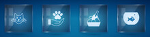 Set Cat, Hands With Animals Footprint, Litter Tray Shovel And Aquarium Fish. Square Glass Panels. Vector